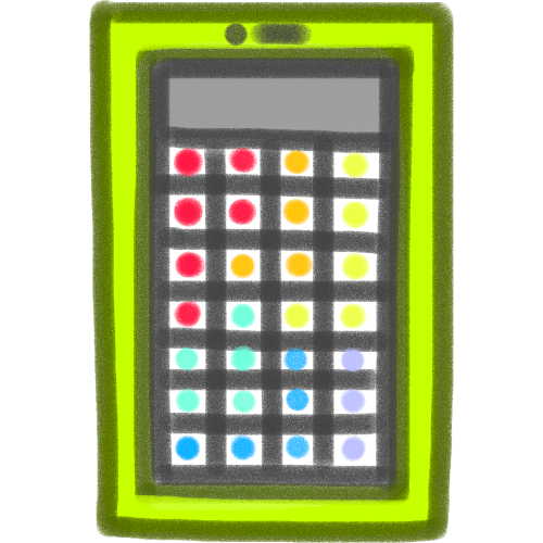 a lime green phone with a 4 x 11 grid, 6 buttons are red, 4 are orange, 5 are yellow, another 5 are teal, another 5 are blue, and the last 3 are purple. there is a grey message bar at the top and a phone camera above that